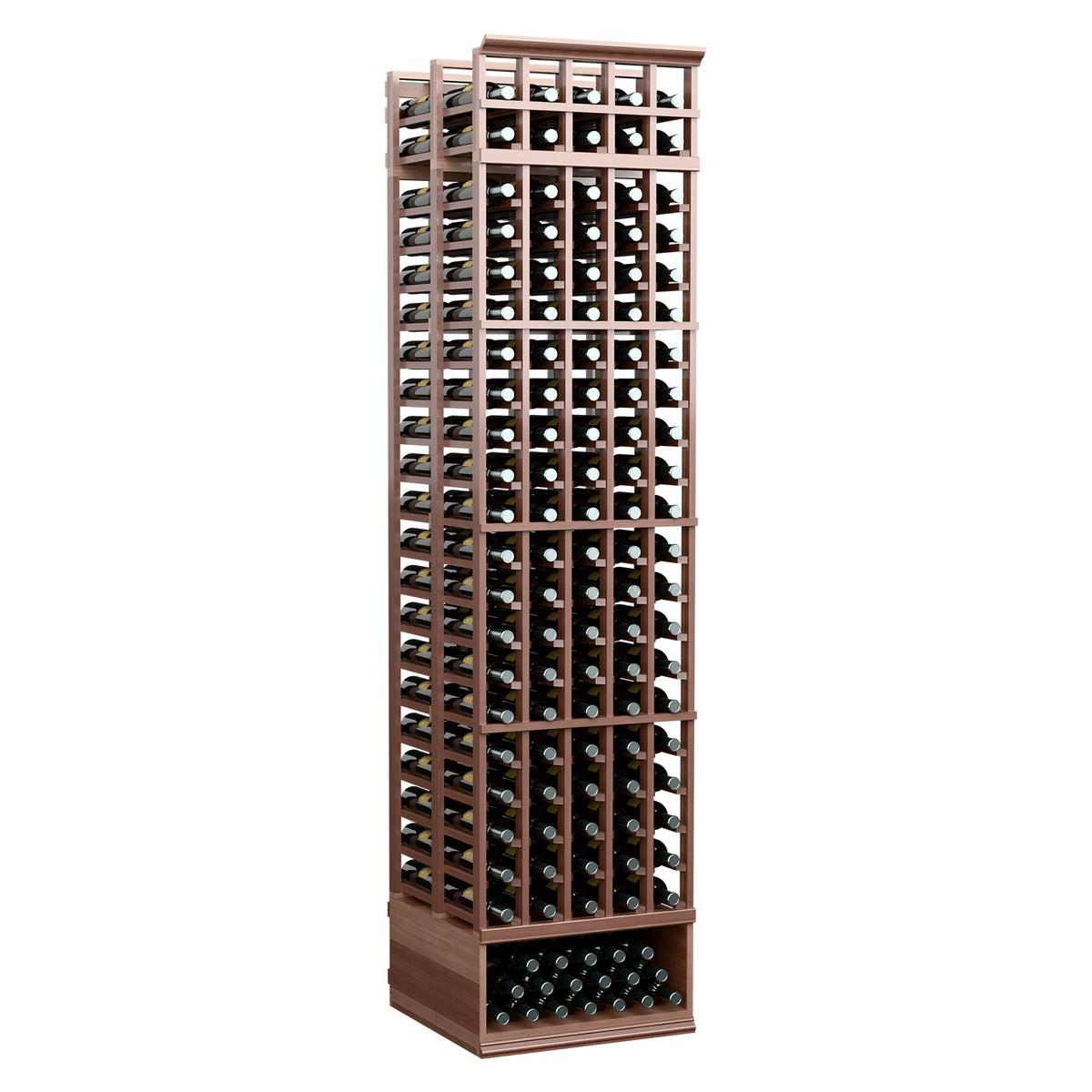 Medium wood wine bottle rack, double-deep 5-column grid with multiple bottle slots