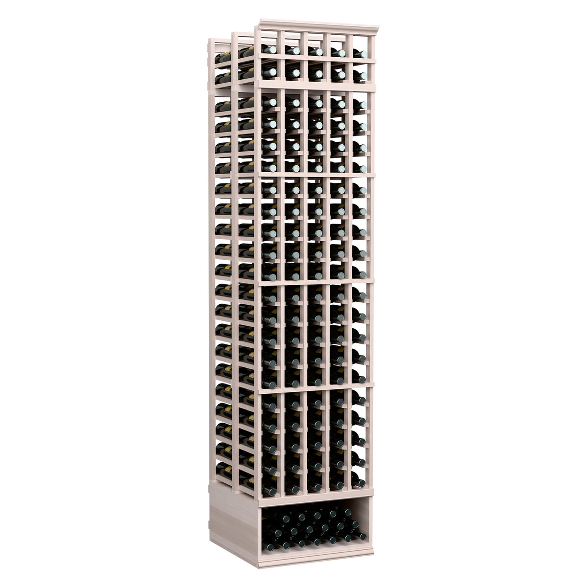 Light wood wine bottle rack with double-deep 5-column grid and bottle storage