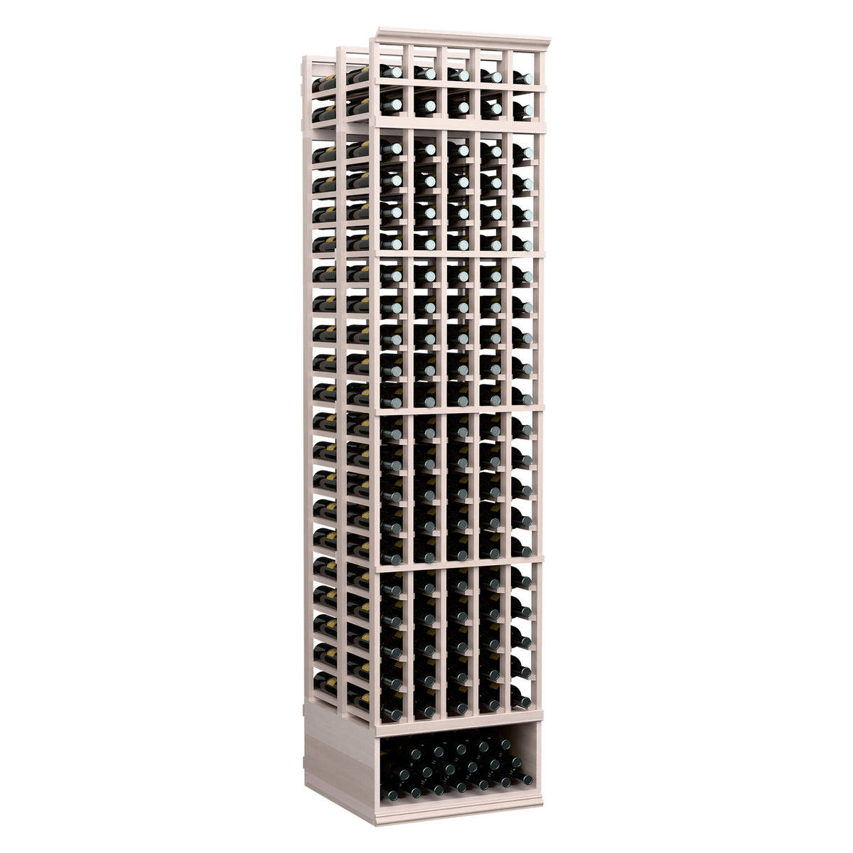 Light wood wine bottle rack, double-deep 5-column grid with rows of bottle slots