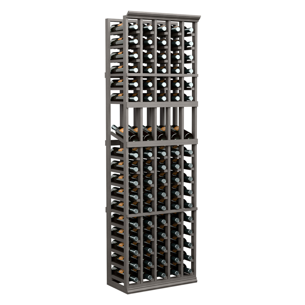 Gray wood wine bottle display rack with multiple rows holding assorted bottles