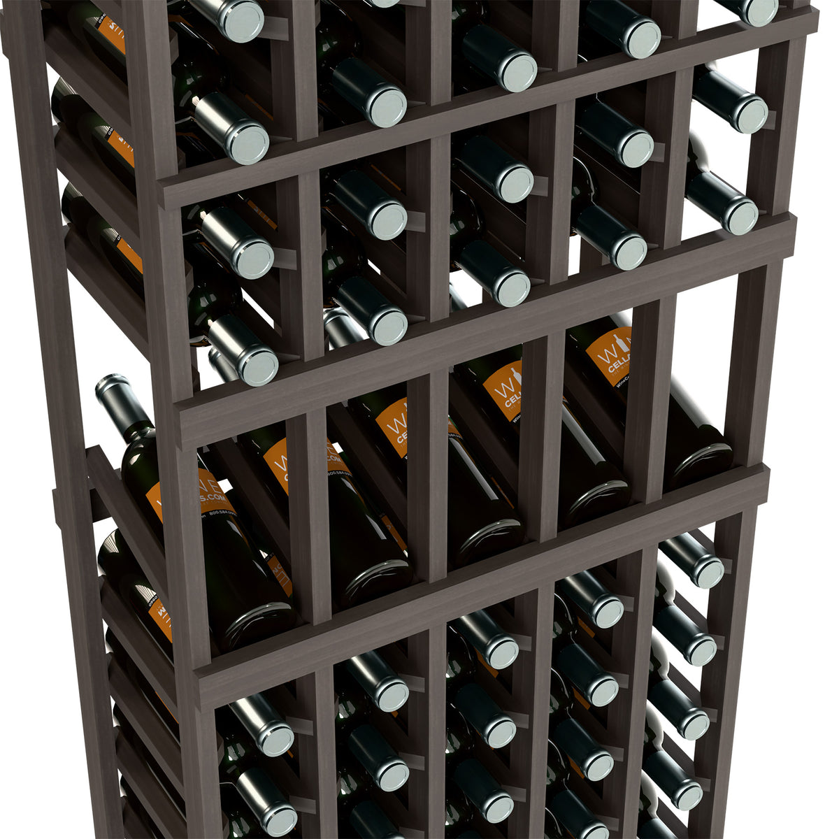 Dark wood wine bottle display rack with several tiers and bottles with silver caps