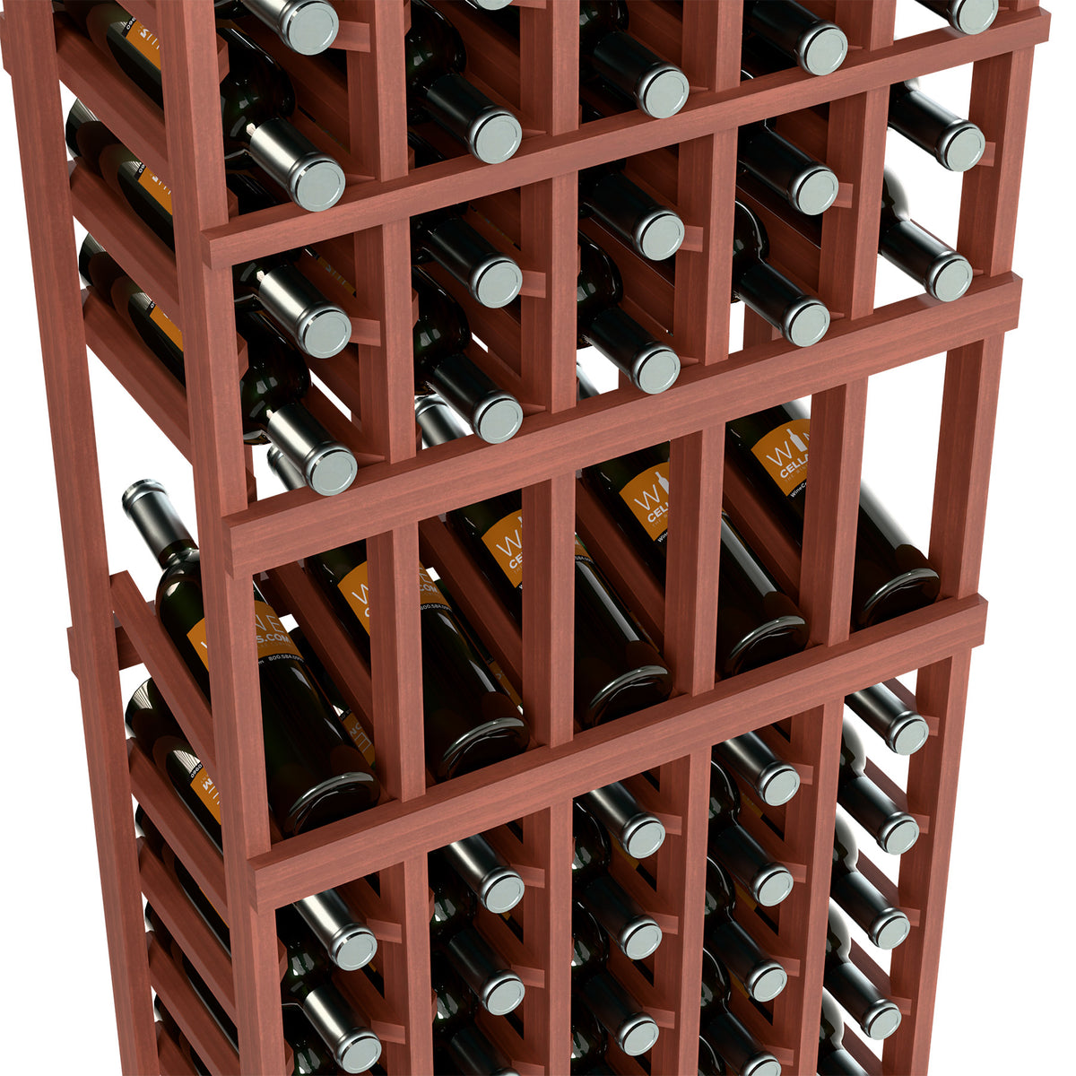 Red-brown wine bottle display rack showing front tiers and bottle necks