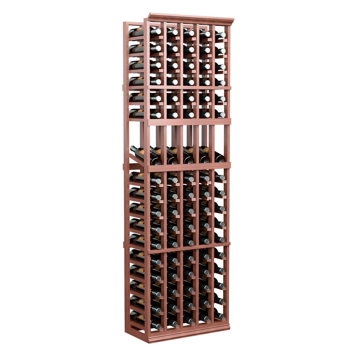 Red wood wine bottle display rack standing upright with many bottles in rows