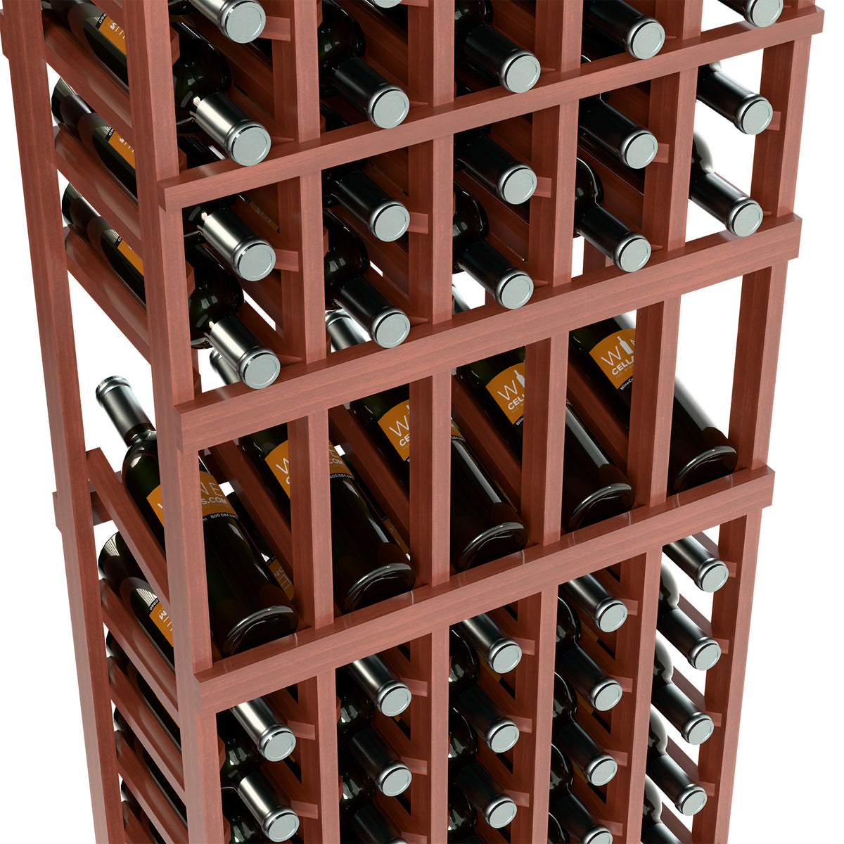Warm brown wood wine bottle display rack with horizontal shelves and bottle necks