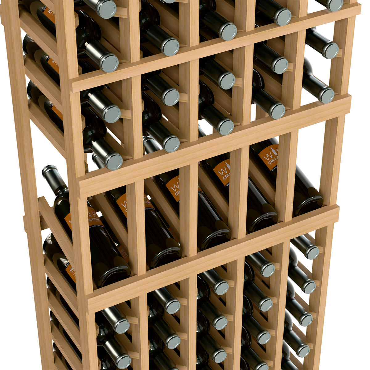 Light wood wine display rack with grid shelves holding multiple bottles
