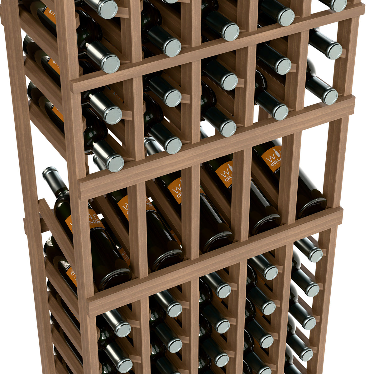 Close-up of light wood wine rack rows holding bottles with silver caps