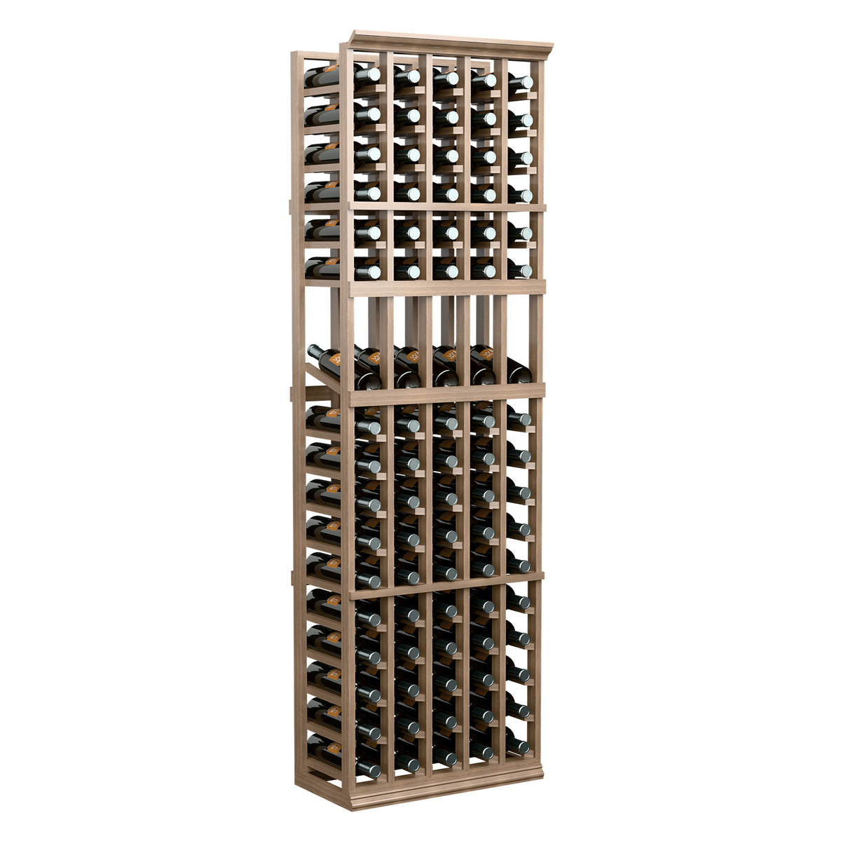 Tall wine display rack in light wood finish with five bottle columns