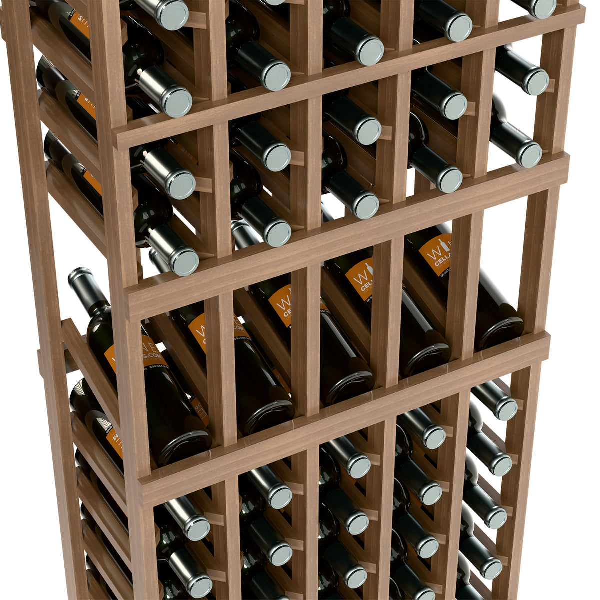 Perspective view of light wood wine rack showing multiple bottle compartments