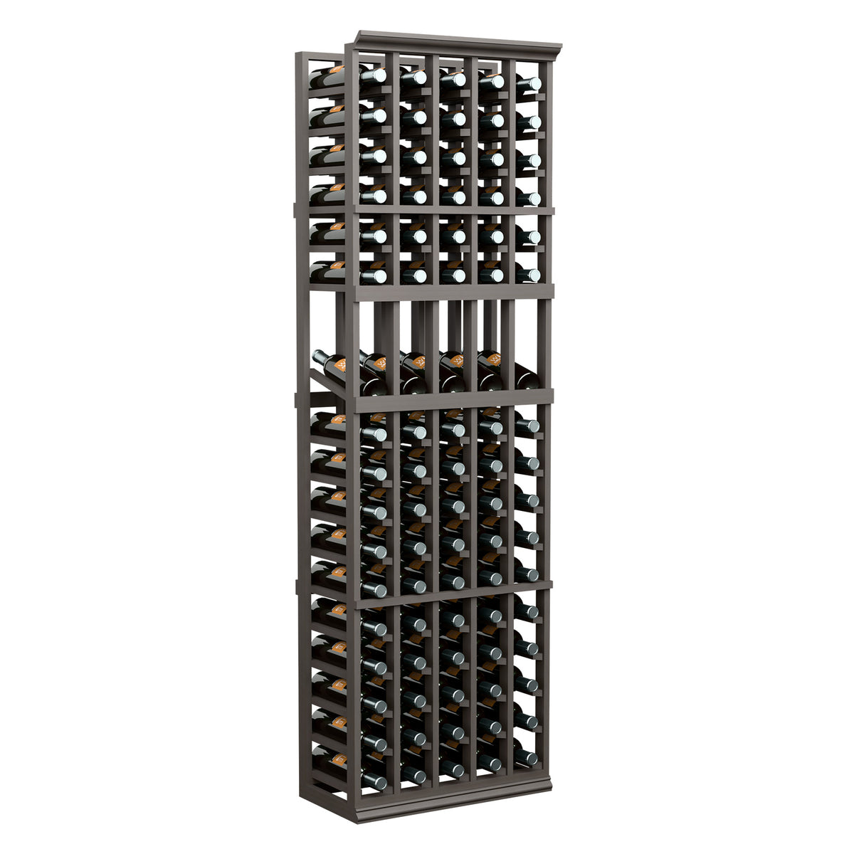 Front view of dark wood wine display rack with bottle storage grid