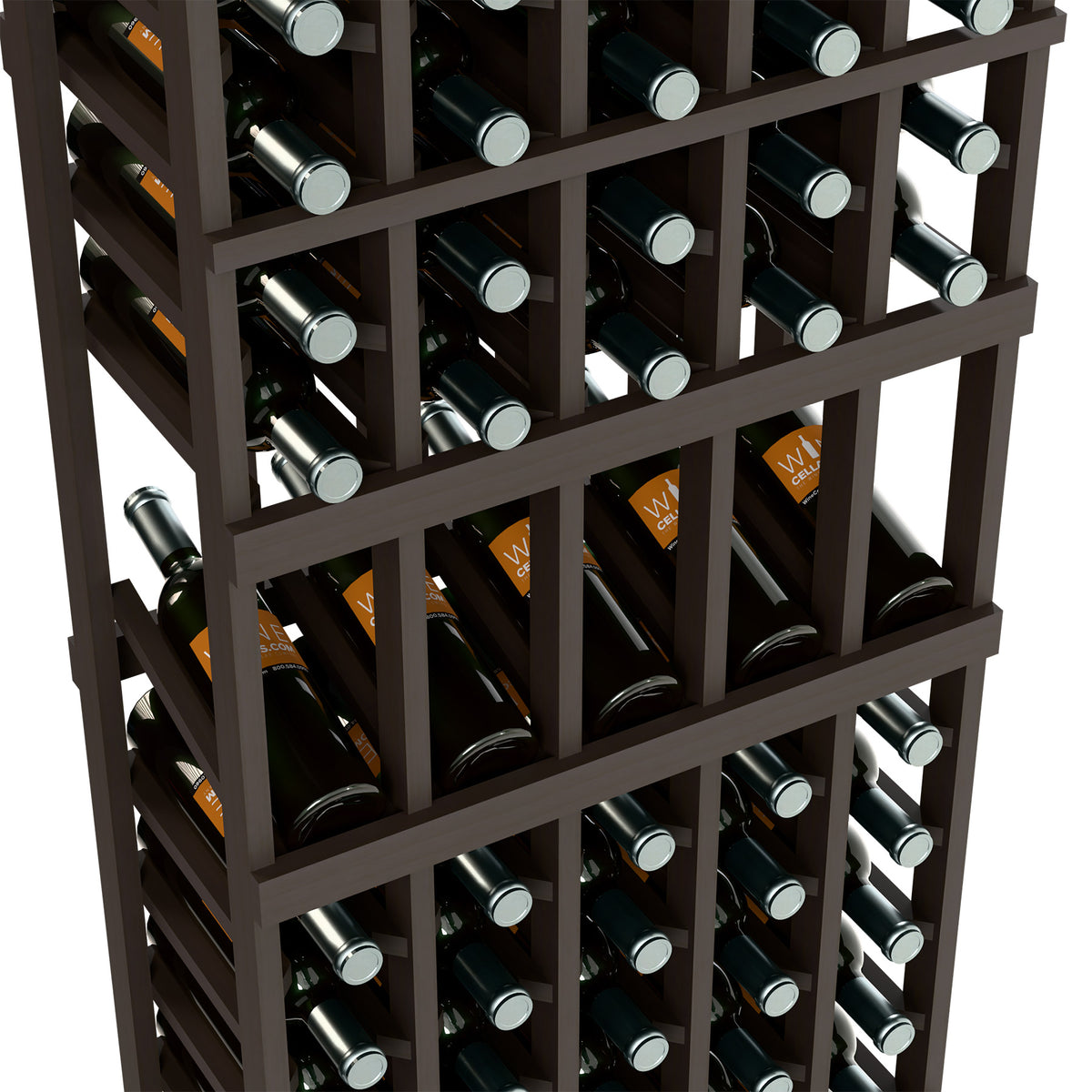 Close-up of dark wine rack shelves holding bottles in five columns