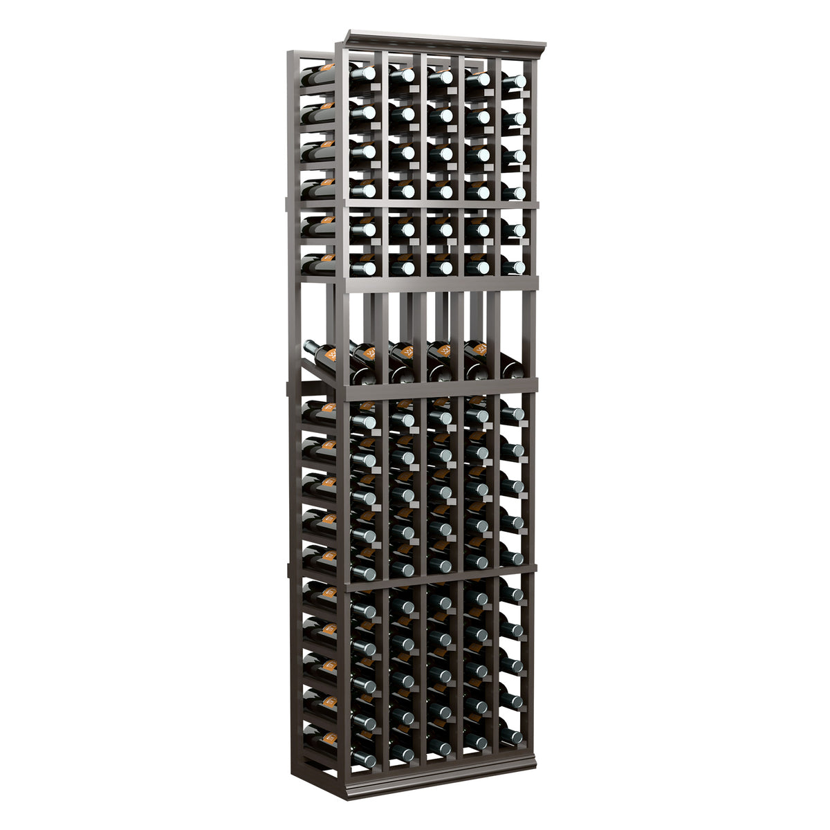 Tall dark wood wine display rack with five columns of bottle storage