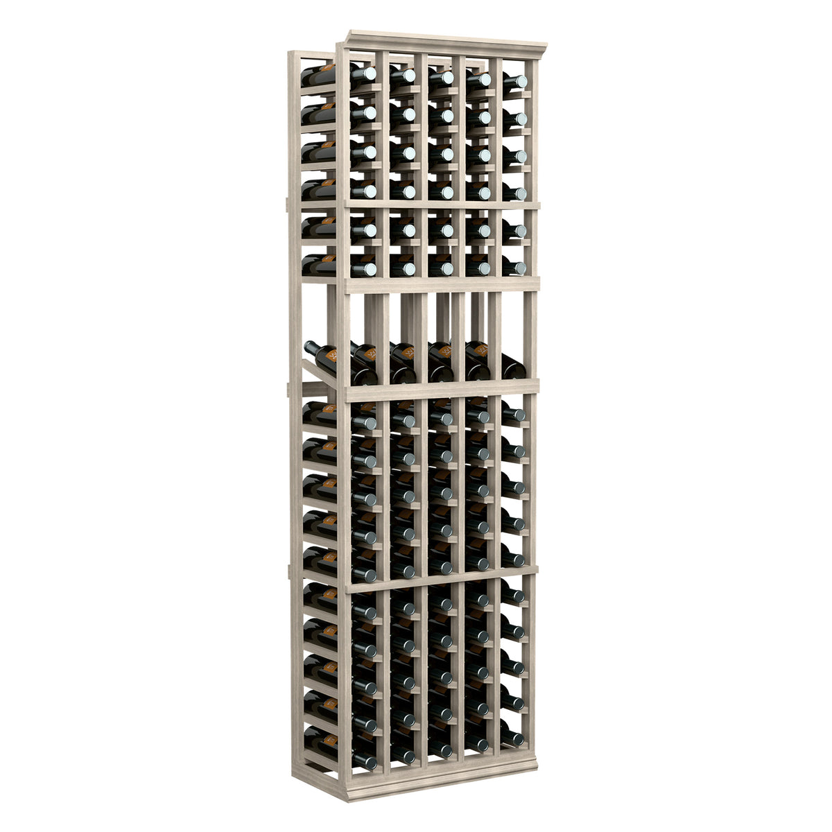 White wash wine bottle display rack with front grid holding bottles
