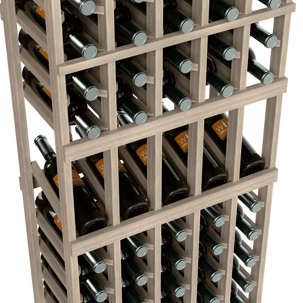 White wash wine bottle display rack showing multiple bottle rows