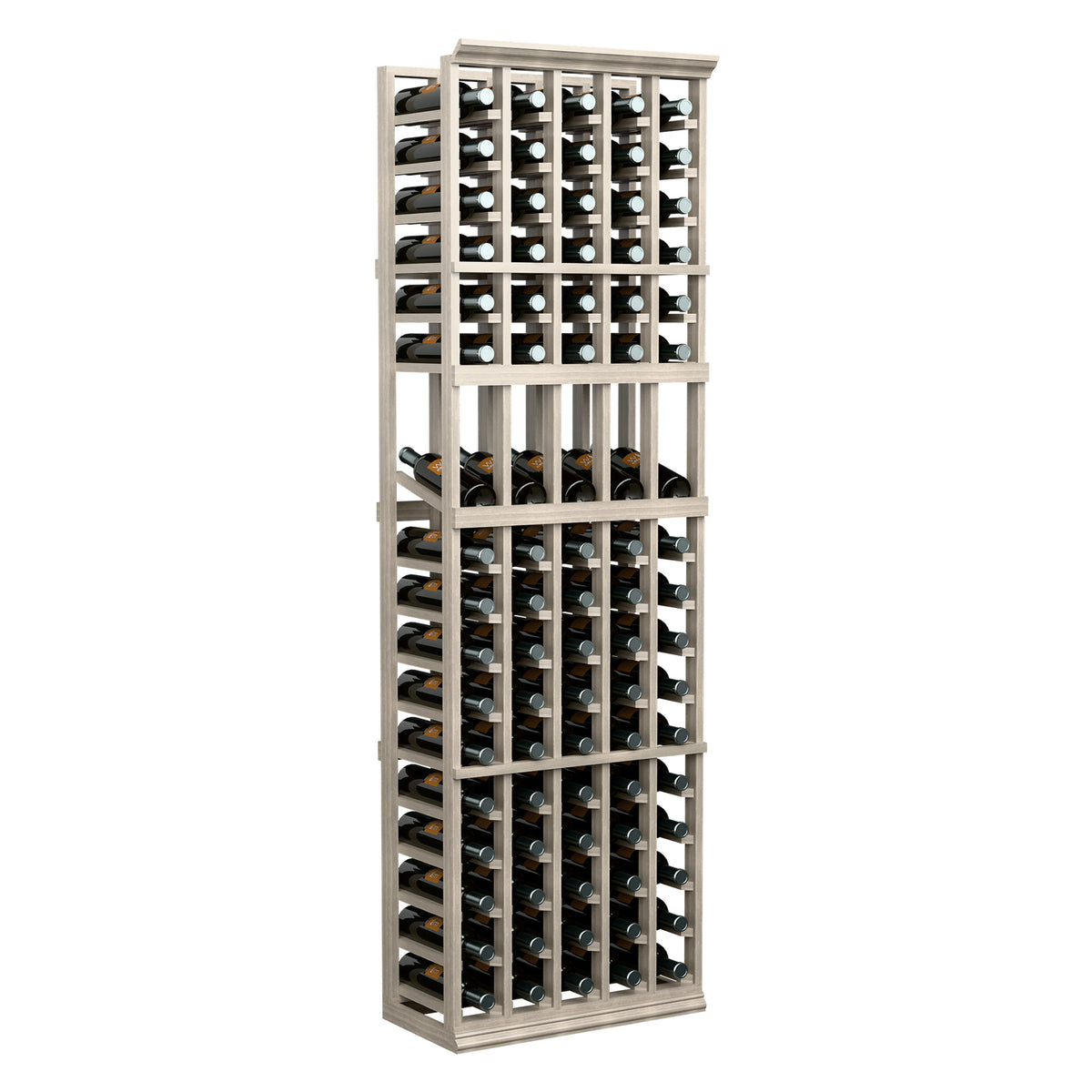 White wash wine bottle display rack with stacked bottle compartments