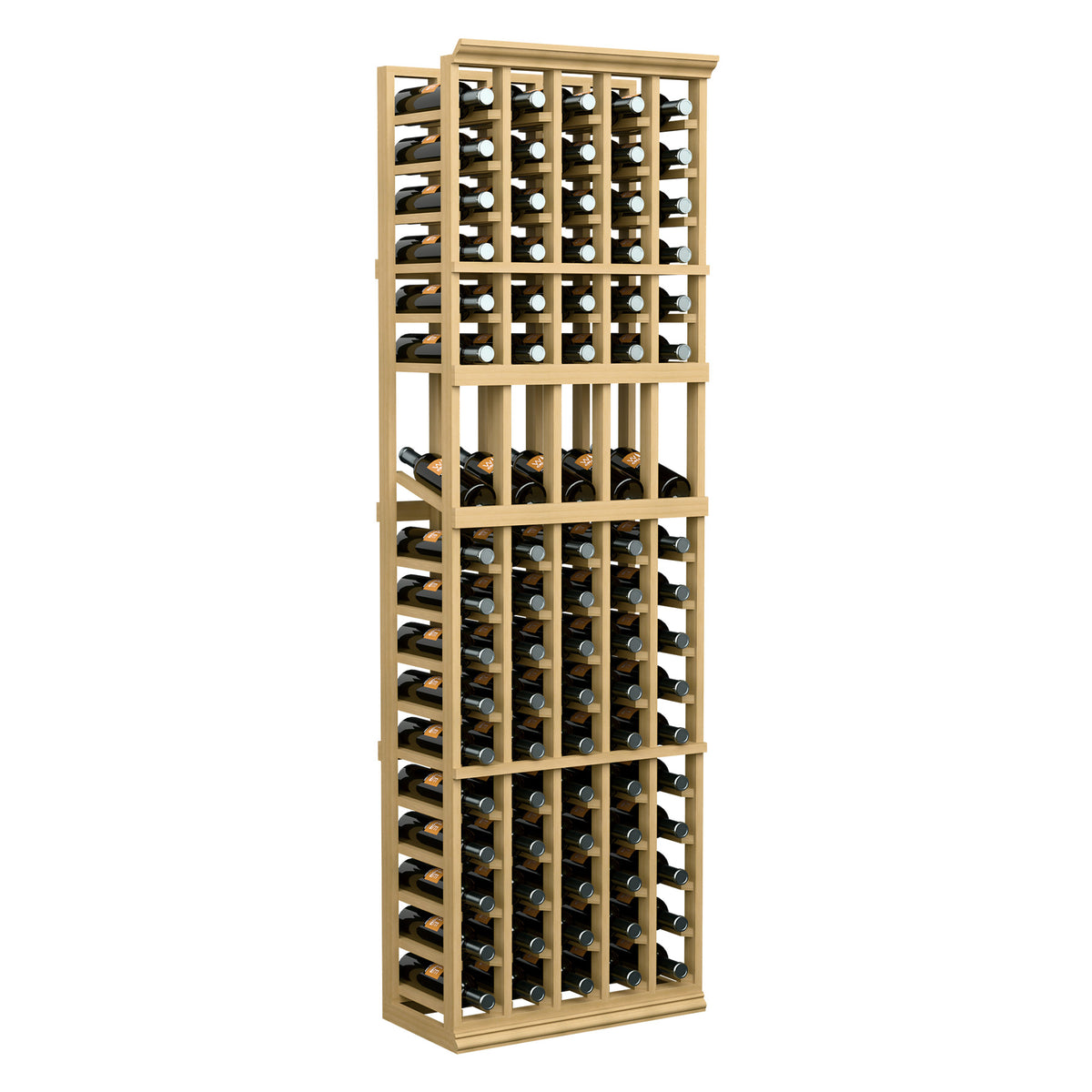 Light wood wine bottle display rack with grid shelves and bottle spaces