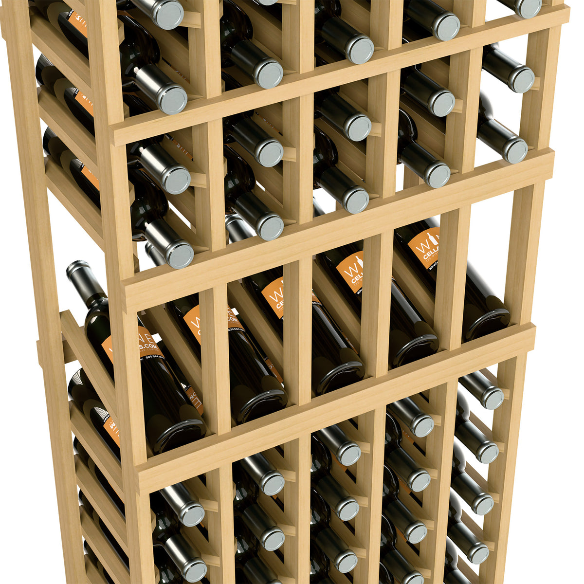 Light wood wine bottle display rack with front grid and bottle holders