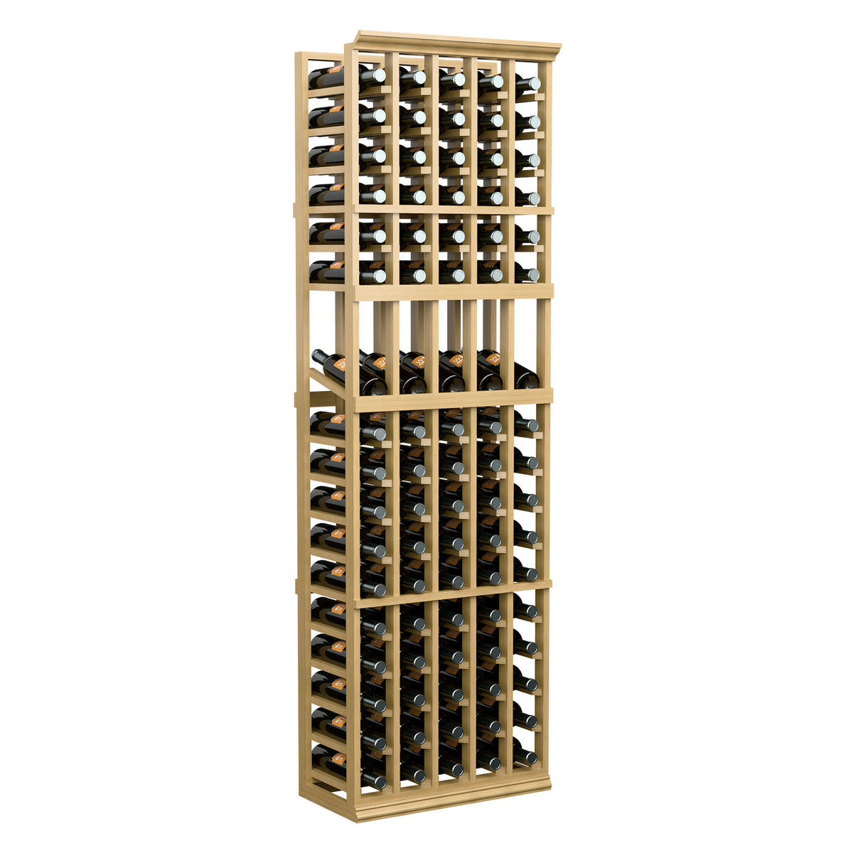 Light wood wine bottle display rack with multiple bottle rows and columns