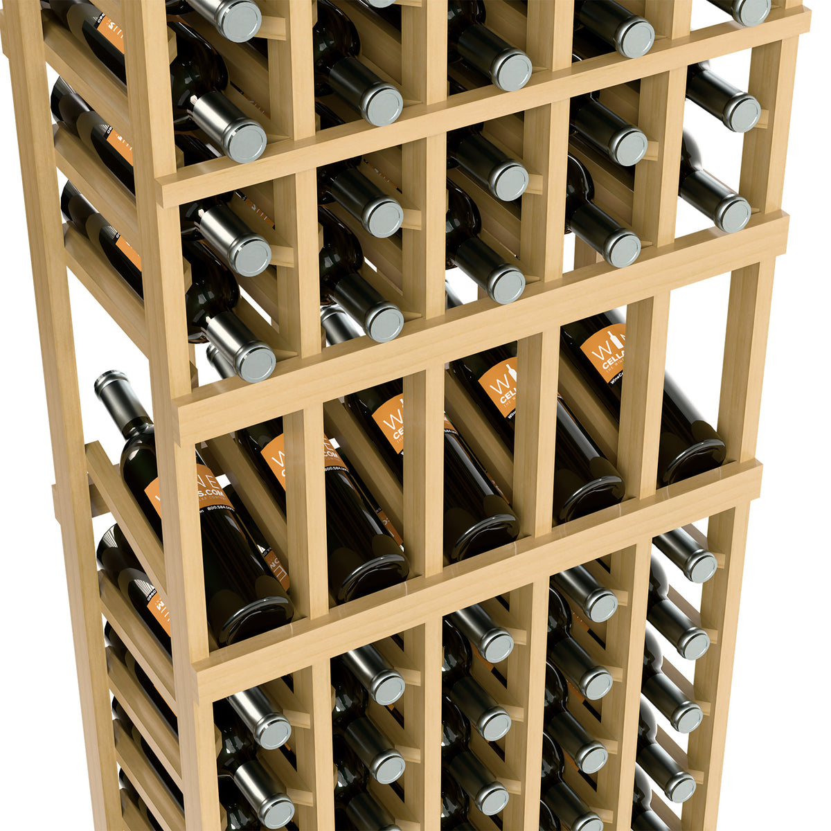 Light wood 5-column wine bottle display rack with rows of bottles