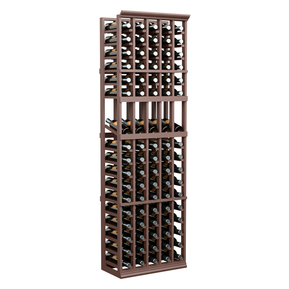 Dark wood 5-column wine bottle display rack, full height front view with bottles