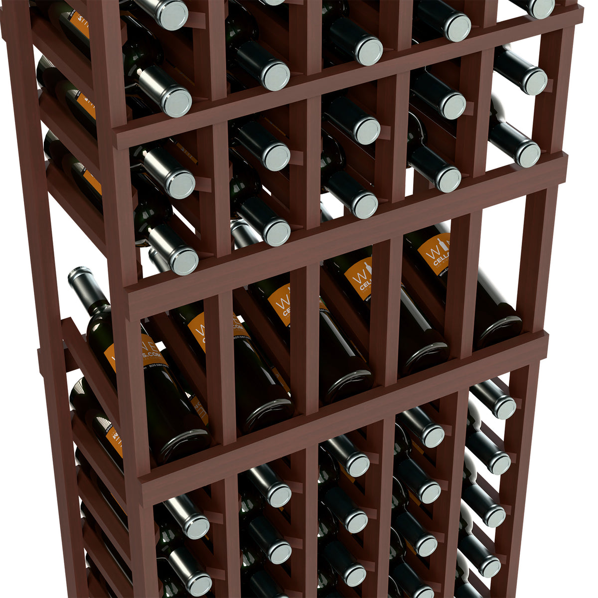 Espresso-brown wine bottle display rack with grid shelves for bottles