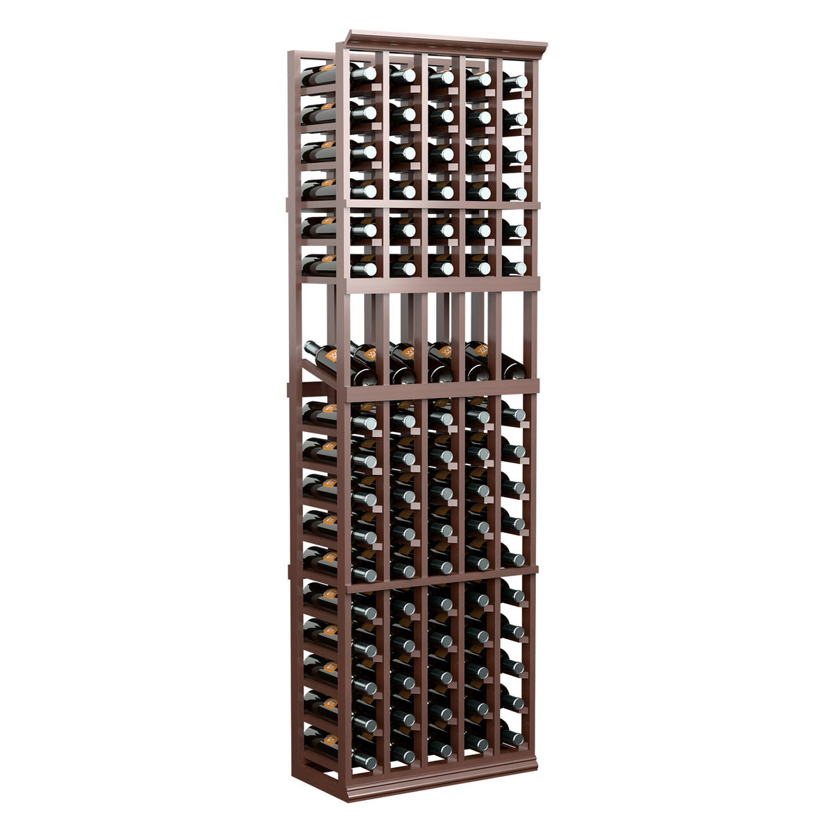 Espresso-brown wine bottle display rack with front grid bottle compartments