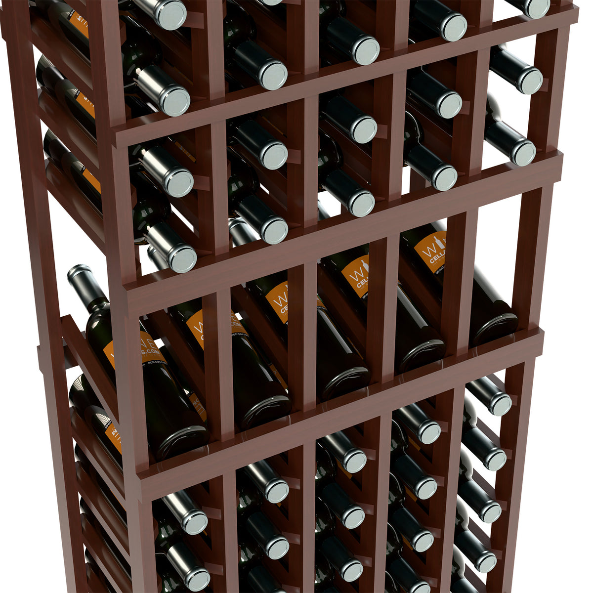 5-column wood wine bottle display rack with open front grid and bottle holders