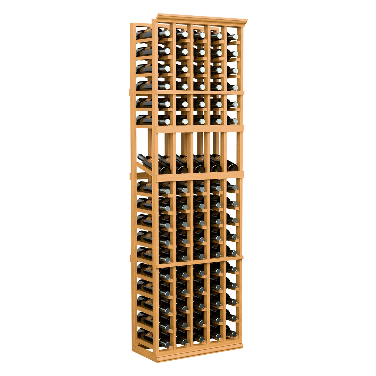 5-column wood wine bottle display rack, light natural finish, holds bottles upright