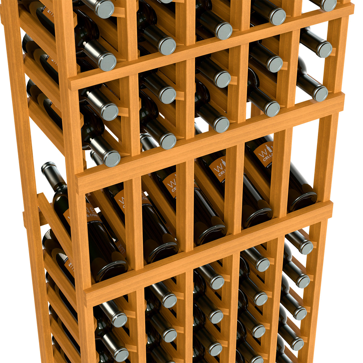 Natural wood wine bottle display rack close-up, cross-braced shelves for upright bottles