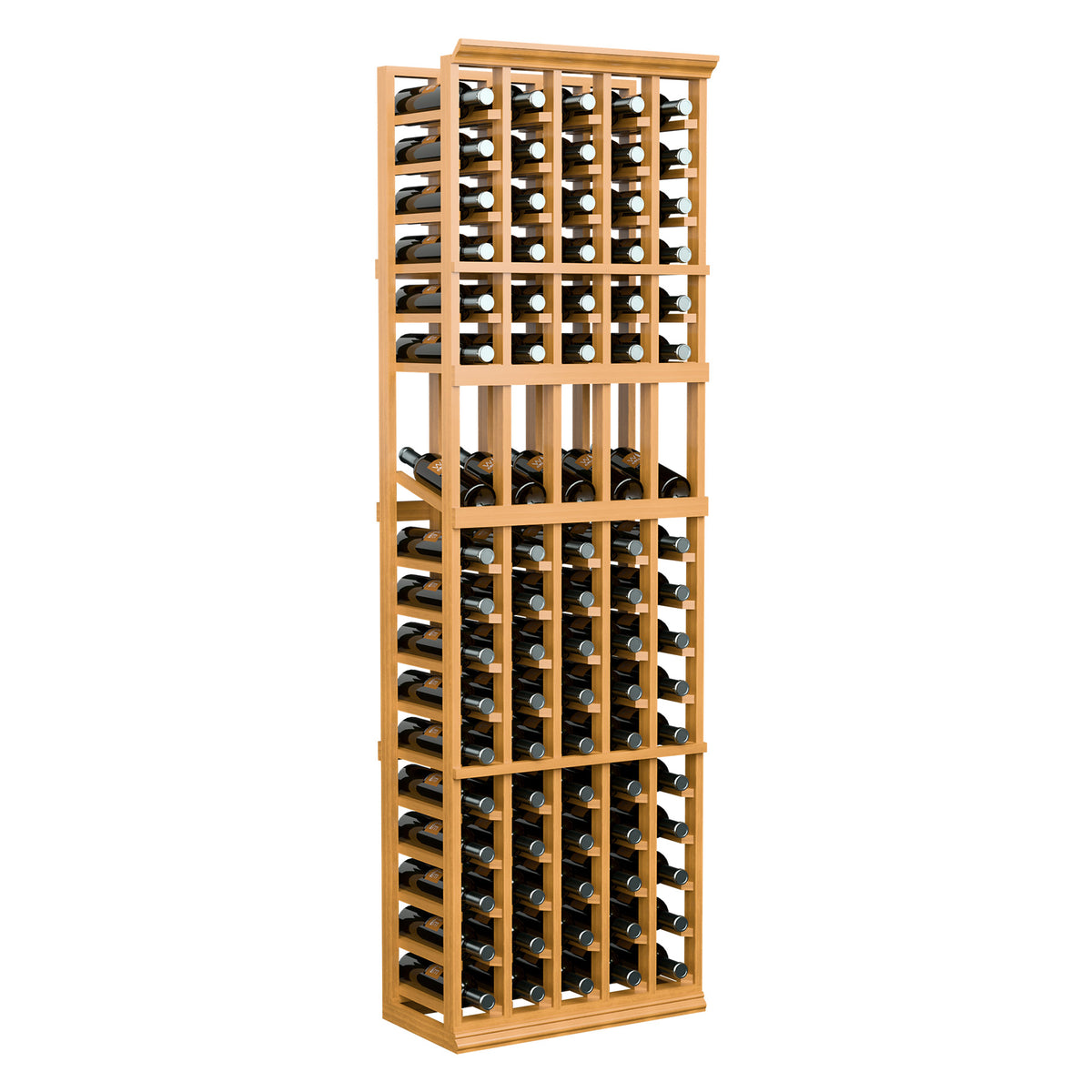 5-column wood wine bottle display rack with open grid shelves and bottle storage