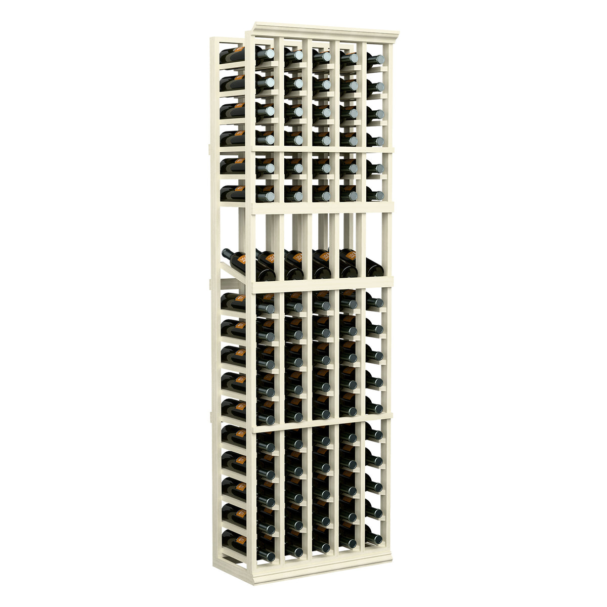 White 5-column wine bottle display rack with open grid shelves for upright bottles