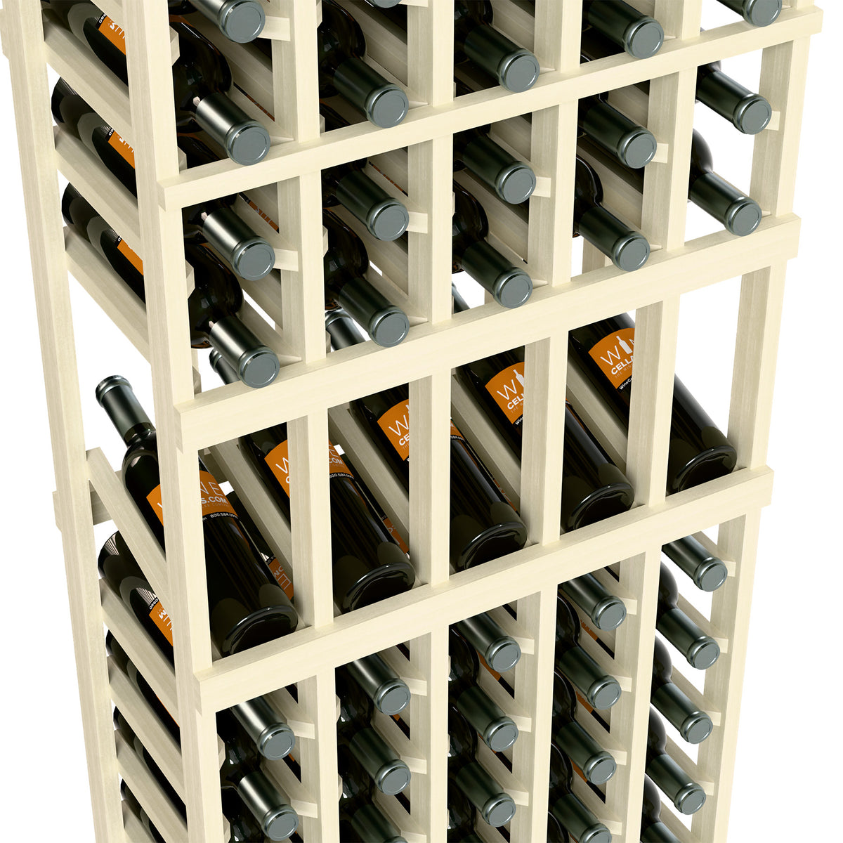 White wine bottle display rack close-up with cross-braced shelves and bottle slots