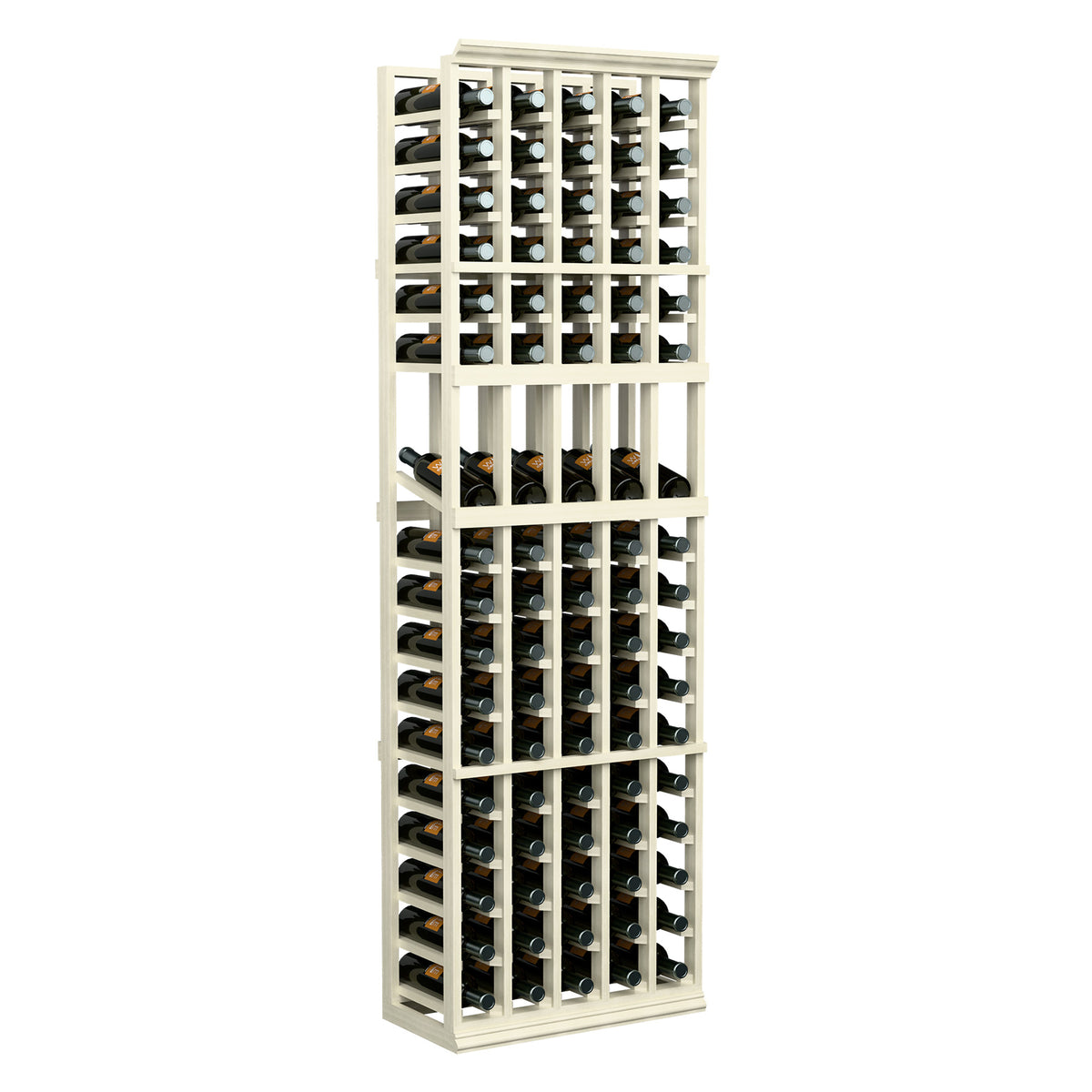 White 5-column wine bottle display rack, open front grid for upright bottle storage