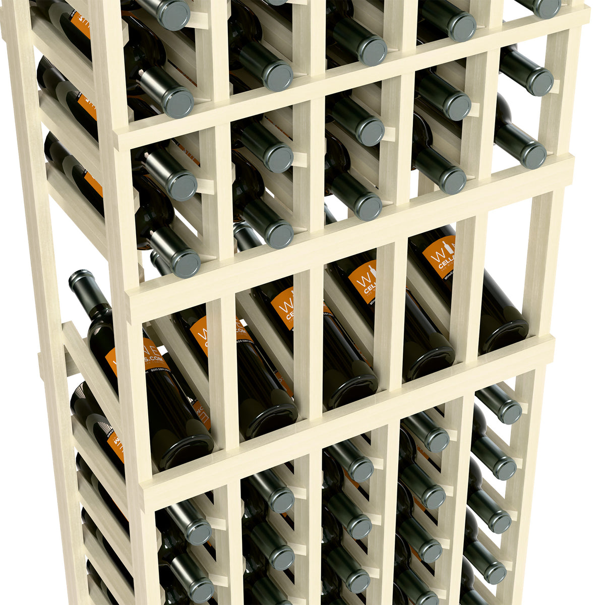 White 5-column wine rack close-up showing bottle openings in the grid shelves