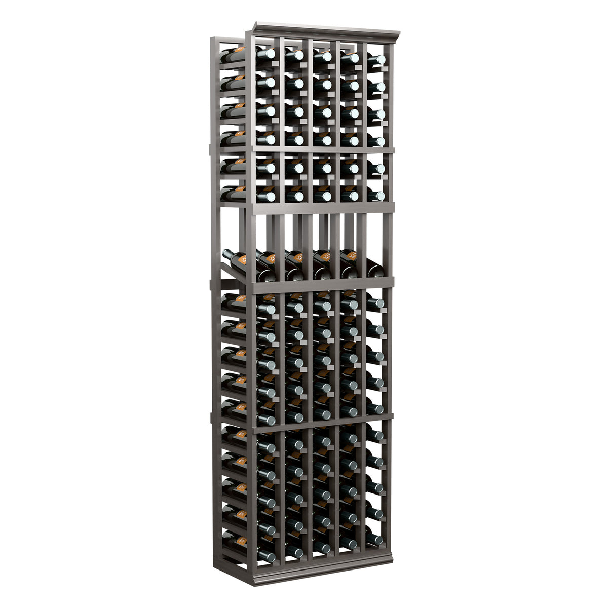 Wine bottle display rack with gray wood frame holding bottles in vertical rows