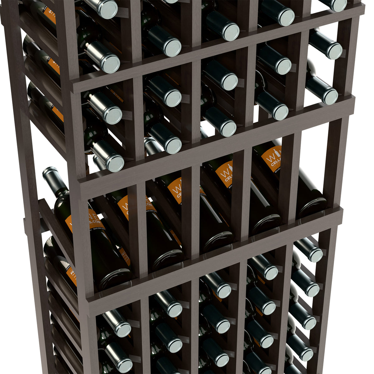 Wine bottle display rack detail with dark wood slats and capped wine bottles