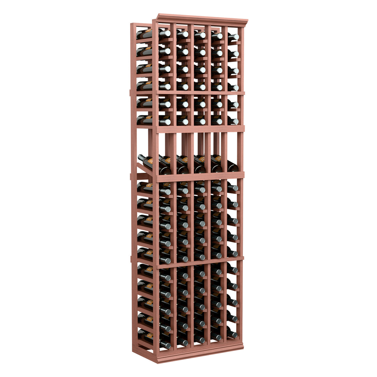 Wine bottle display rack with red wood frame and bottles arranged in vertical cells