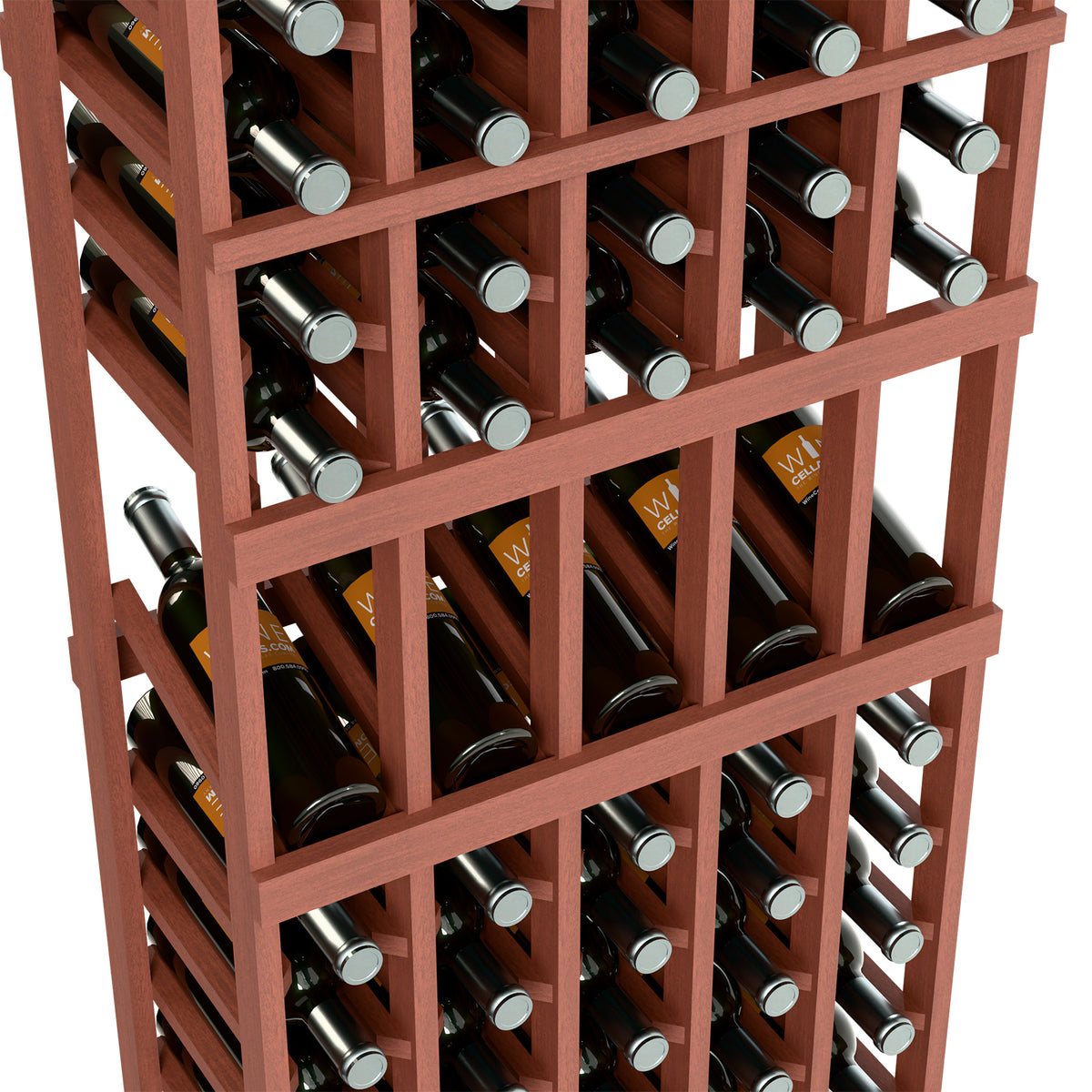 Wine bottle display rack close-up with red wood grid and wine bottles
