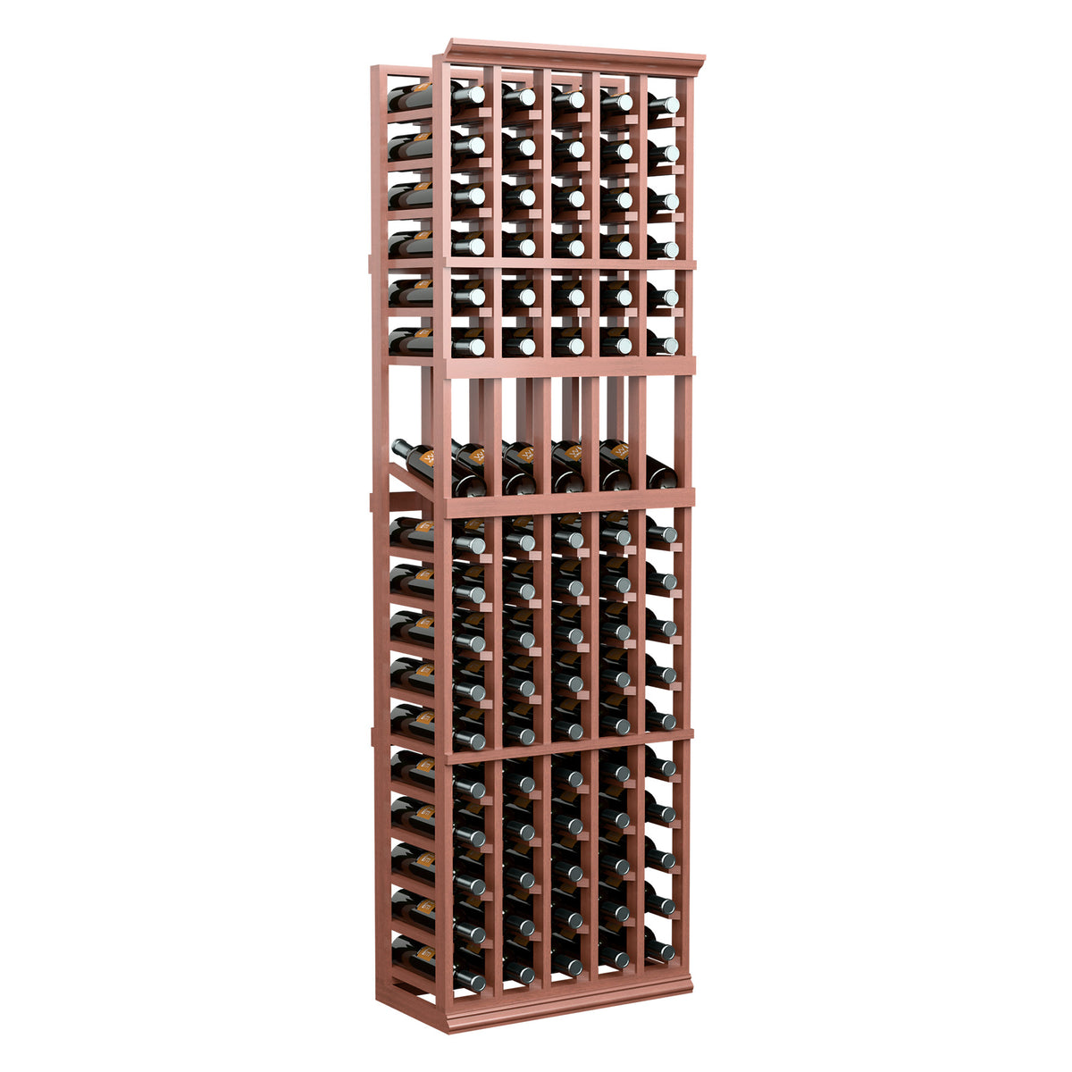 Wine bottle display rack with red wood frame, filled with dark wine bottles