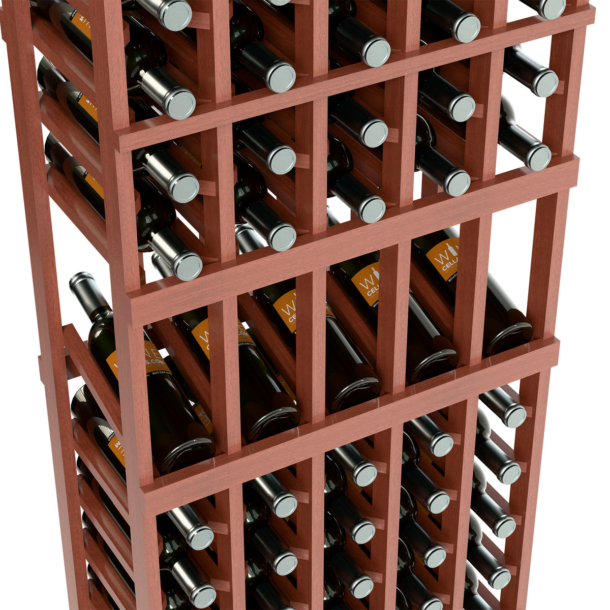 Wine bottle display rack close-up with red wood slats and bottle storage compartments
