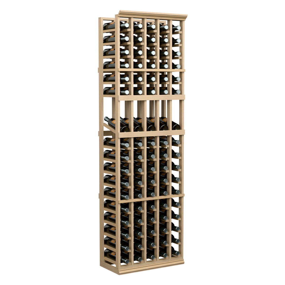 Wine bottle display rack with light wood frame and bottles arranged in vertical rows