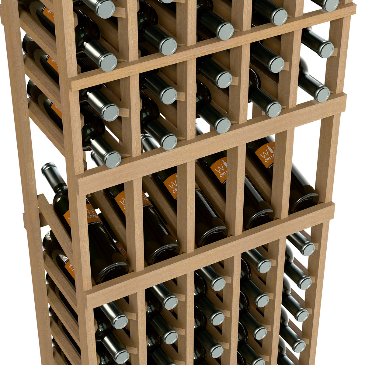 Wine bottle display rack close-up with light wood grid and assorted wine bottles