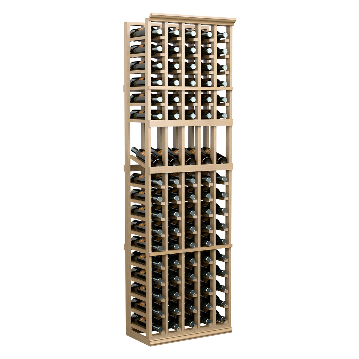 Wine bottle display rack with light wood frame holding bottles in a tall layout