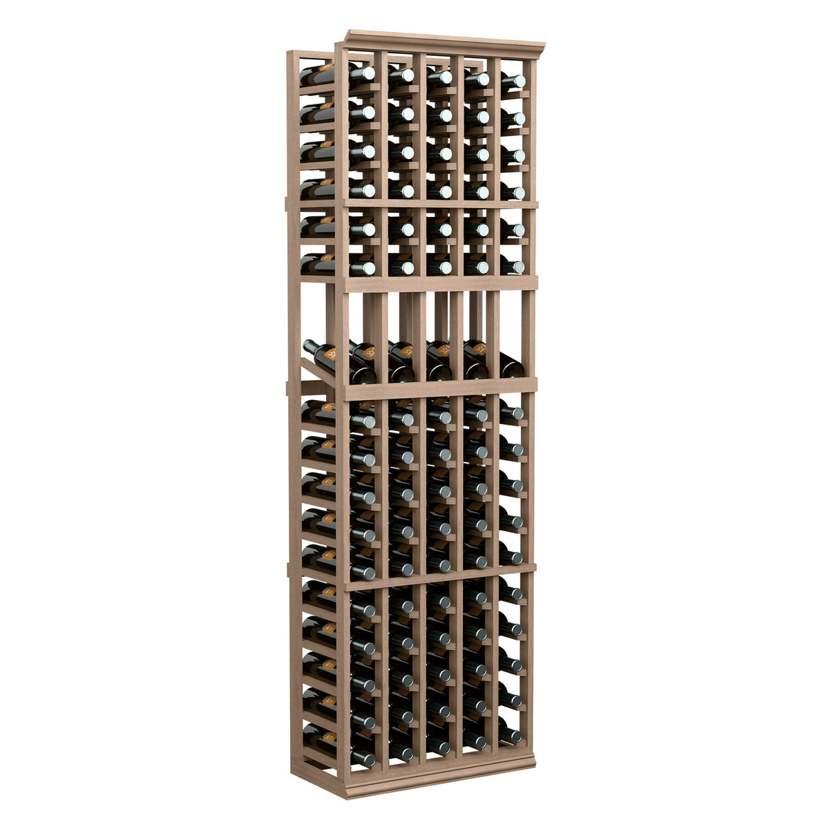 Light wood 5-column wine bottle display rack, 6-ft tall, front view with bottles