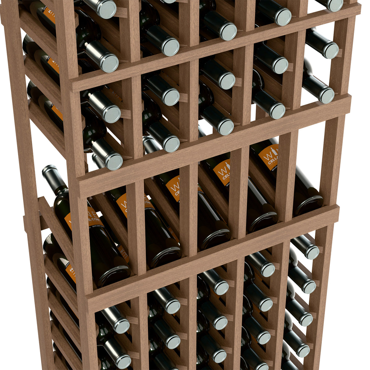 Light wood 5-column wine bottle display rack, 6-ft tall, close-up of bottle slots