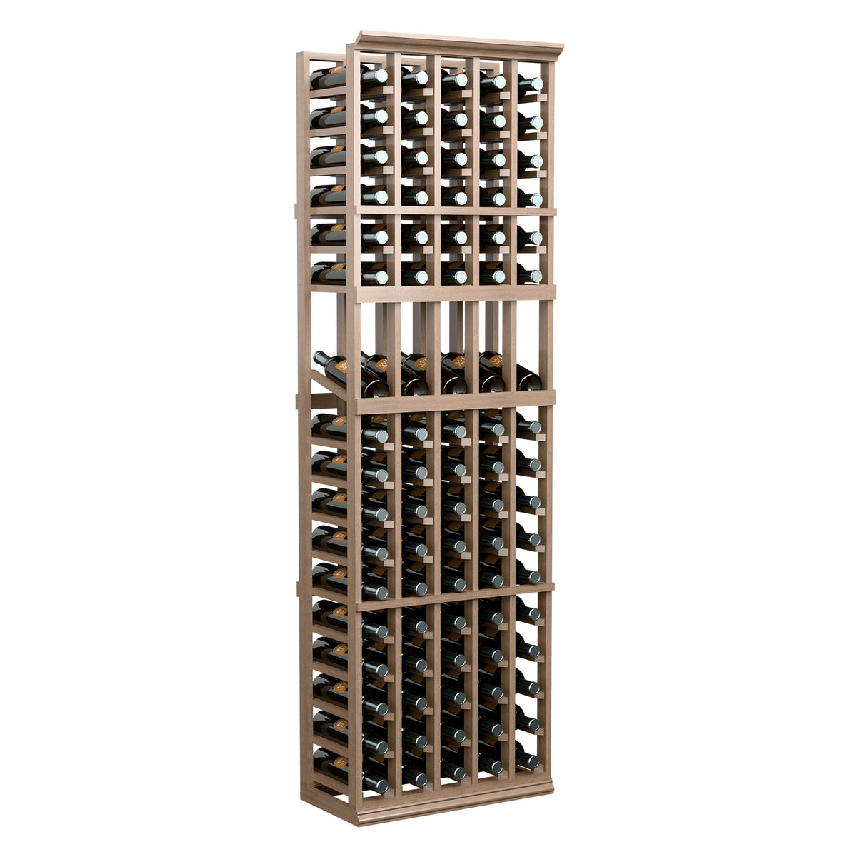 Light wood 5-column wine bottle display rack, 6-ft tall, full rack with bottles