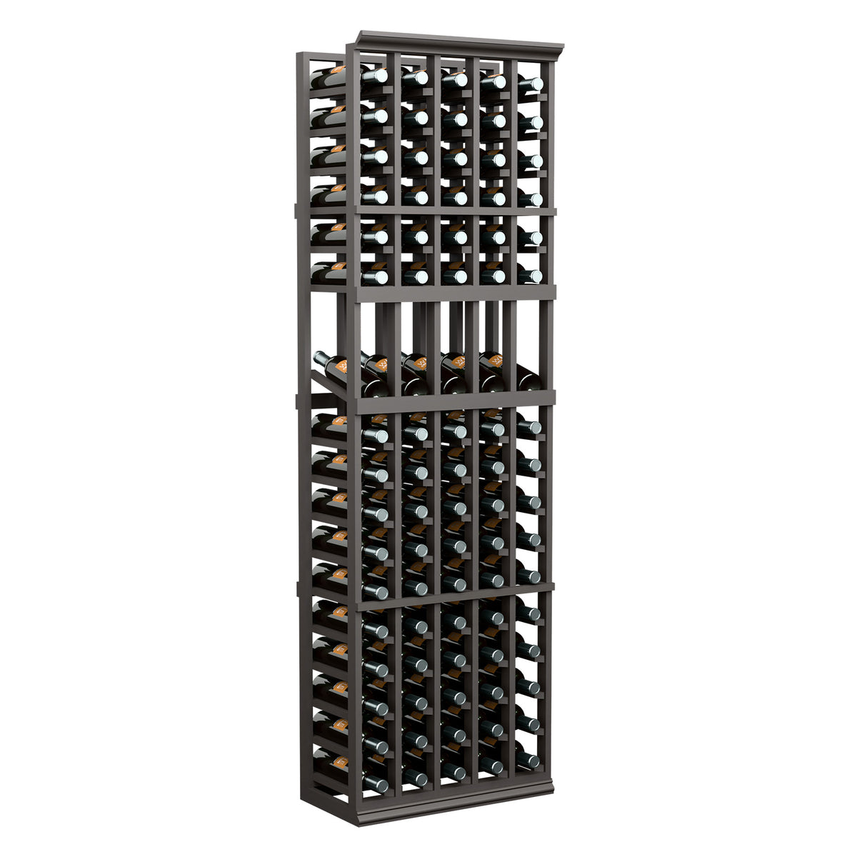 Dark 5-column wine bottle display rack, 6-ft tall, front view with bottles