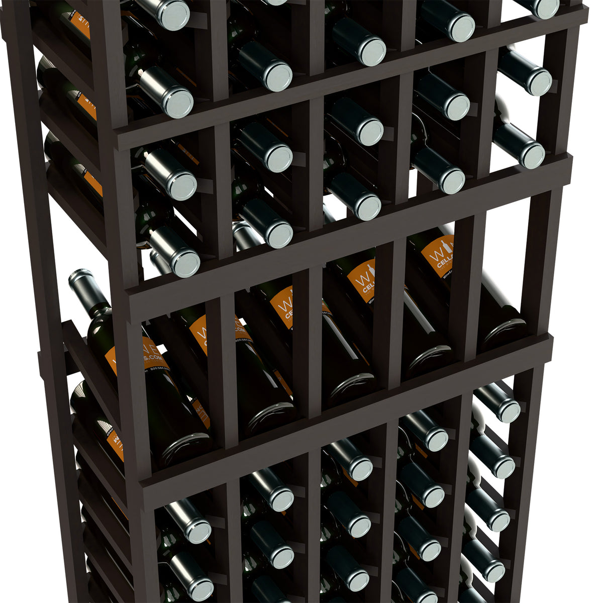 Dark 5-column wine bottle display rack, 6-ft tall, close-up of bottle rows and labels