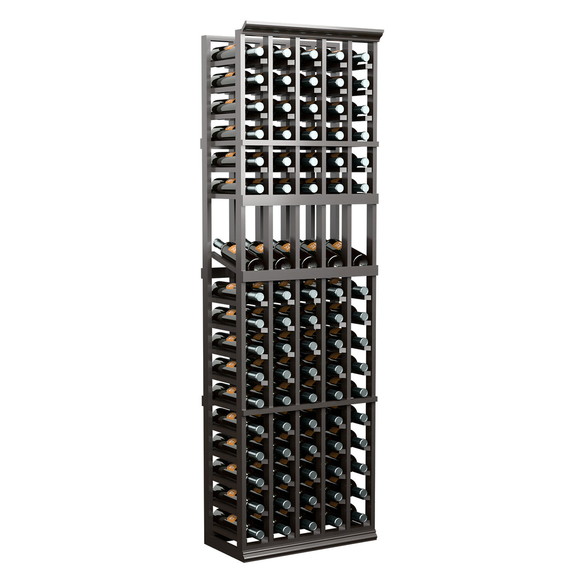 Dark wood 5-column wine bottle display rack, 6-ft tall, full rack with bottles