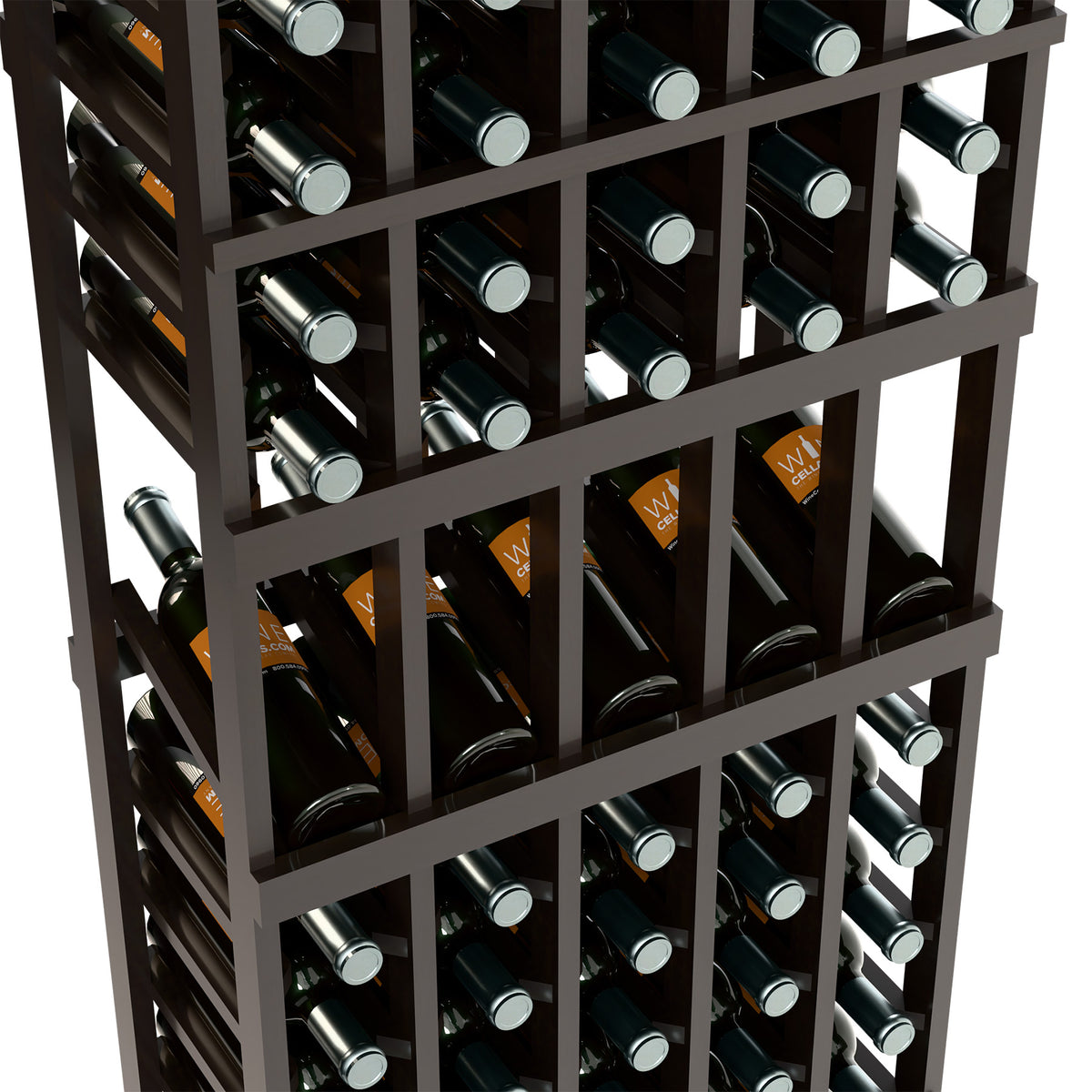 Dark 5-column wine bottle display rack, 6-ft tall, angled view of bottle compartments
