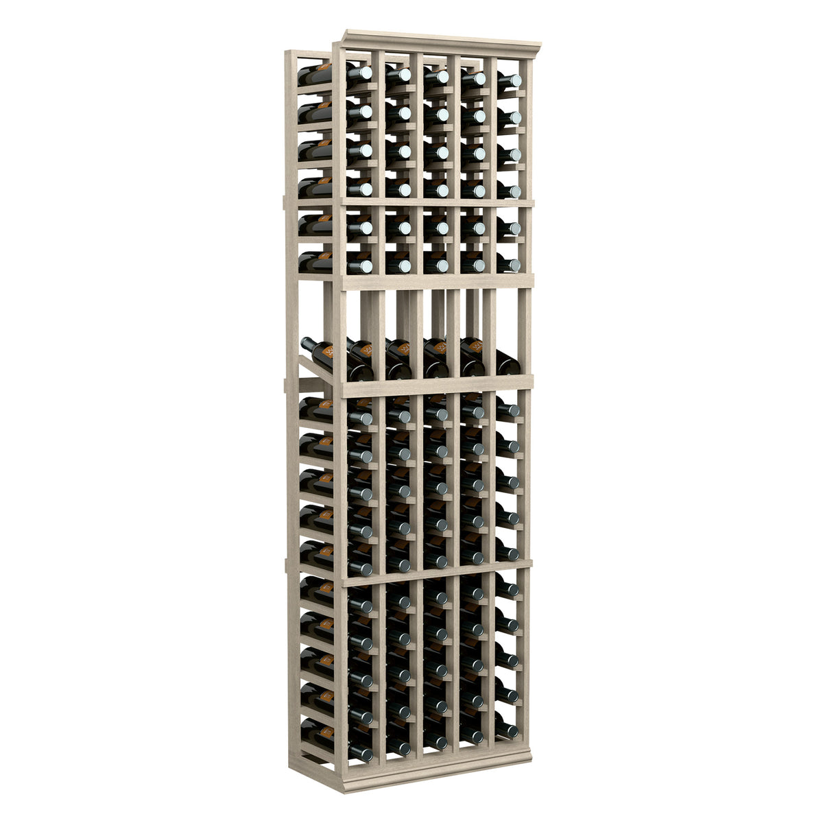 Light wood 5-column wine bottle display rack, 6-ft tall, front view with bottle rows